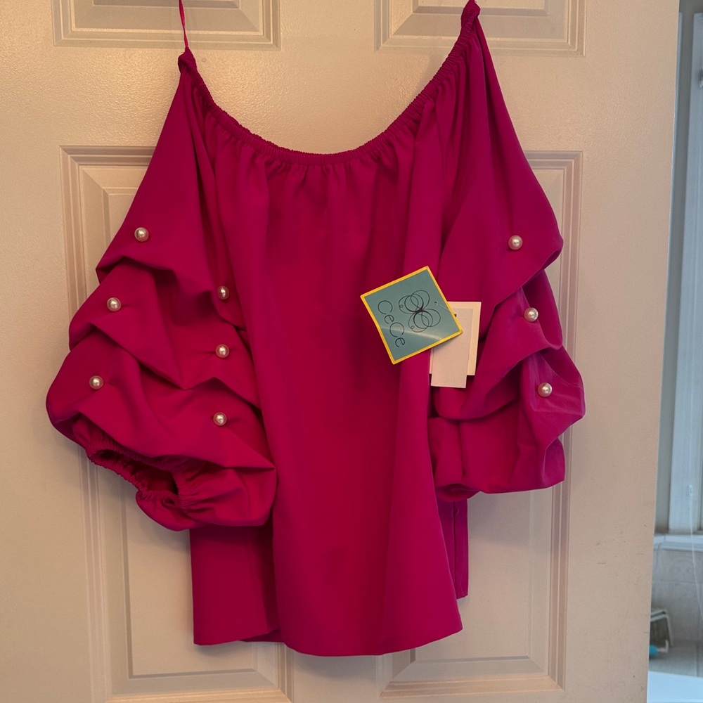 CeCe Hot Pink Pearl-Embellished Off-Shoulder Ruffle Blouse